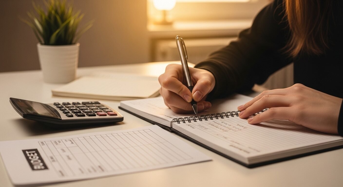 Cận cảnh tay một học sinh THPT đang ghi chép vào sổ tay, thực hành quản lý tài chính cá nhân cho học sinh THPT. Bàn làm việc có máy tính và bảng ngân sách đơn giản. Cận cảnh tay một học sinh THPT đang ghi chép vào sổ tay, thực hành quản lý tài chính cá nhân cho học sinh THPT. Bàn làm việc có máy tính và bảng ngân sách đơn giản.