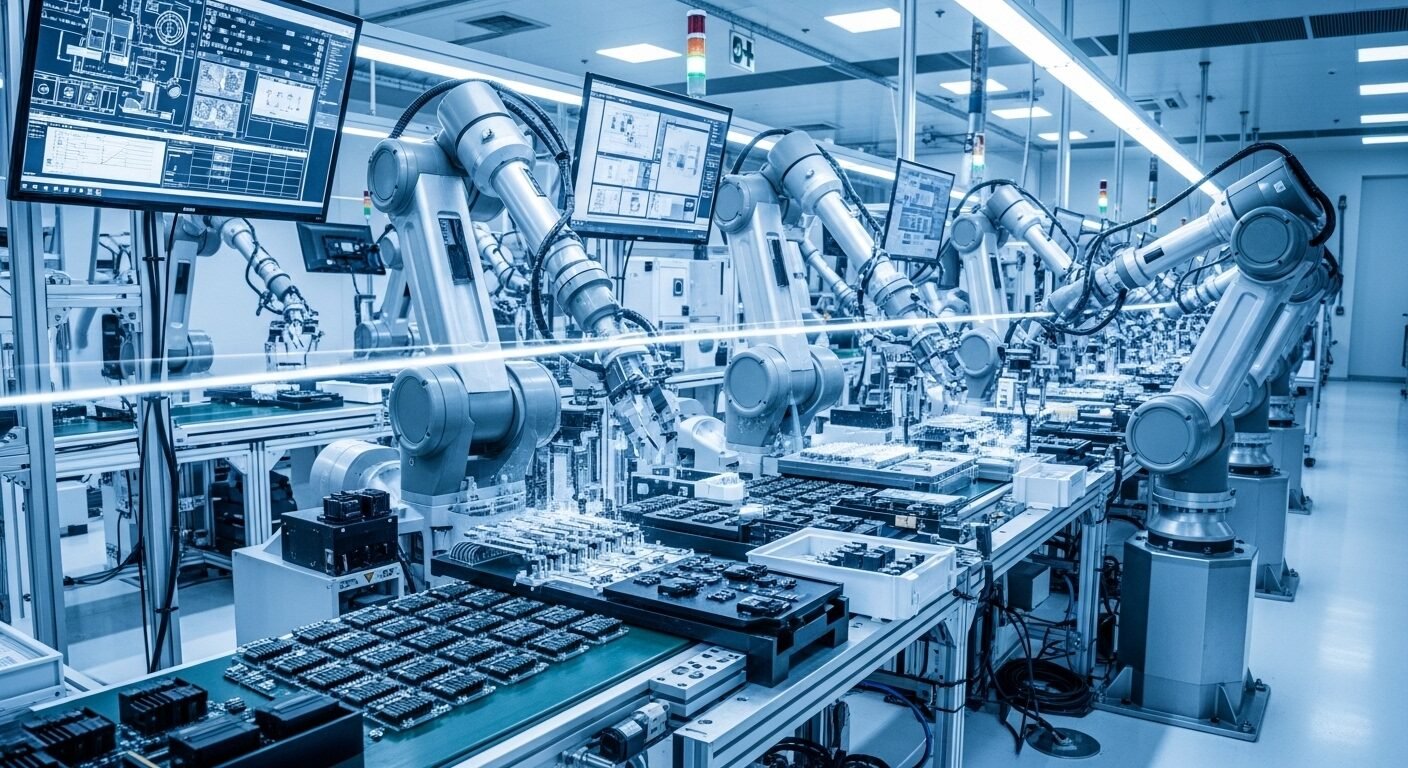 Dây chuyền sản xuất tự động cao cấp với nhiều cánh tay robot đang lắp ráp linh kiện điện tử tinh vi trong nhà máy hiện đại, sạch sẽ, minh họa rõ nét xu hướng tự động hóa có thể khiến một số ngành nghề dễ thất nghiệp trong tương lai. Dây chuyền sản xuất tự động cao cấp với nhiều cánh tay robot đang lắp ráp linh kiện điện tử tinh vi trong nhà máy hiện đại, sạch sẽ, minh họa rõ nét xu hướng tự động hóa có thể khiến một số ngành nghề dễ thất nghiệp trong tương lai.