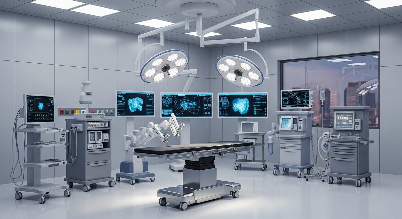 Môi trường bệnh viện hiện đại, công nghệ cao với thiết bị y tế chính xác và phòng mổ vô trùng, minh họa cho ngành nghề có triển vọng trong lĩnh vực y tế.