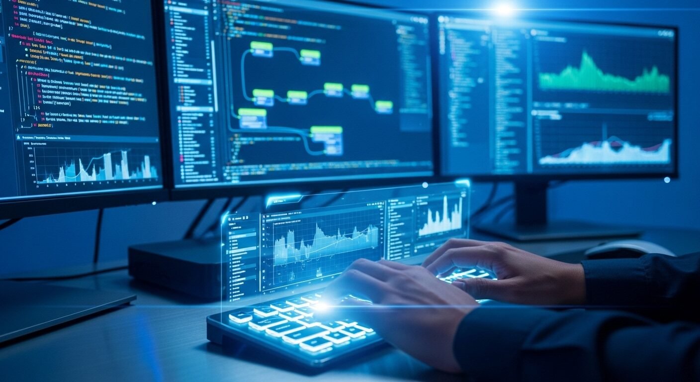 Cận cảnh tay kỹ sư phần mềm đang gõ nhanh trên bàn phím holographic, với code và thuật toán AI hiển thị trên màn hình trong lab công nghệ cao. Hình ảnh minh họa cho ngành nghề hưởng lợi từ AI trong lĩnh vực phát triển phần mềm. Cận cảnh tay kỹ sư phần mềm đang gõ nhanh trên bàn phím holographic, với code và thuật toán AI hiển thị trên màn hình trong lab công nghệ cao. Hình ảnh minh họa cho ngành nghề hưởng lợi từ AI trong lĩnh vực phát triển phần mềm.