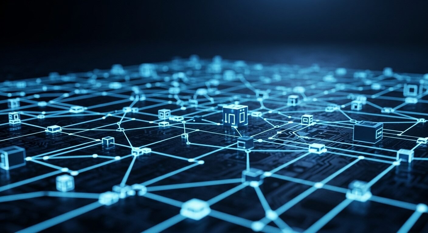 Mạng lưới dữ liệu xanh phát sáng và hình học trừu tượng, biểu tượng cho ảnh hưởng của AI trong công nghệ số, nơi phát triển các ngành nghề khó thất nghiệp của tương lai. Mạng lưới dữ liệu xanh phát sáng và hình học trừu tượng, biểu tượng cho ảnh hưởng của AI trong công nghệ số, nơi phát triển các ngành nghề khó thất nghiệp của tương lai.