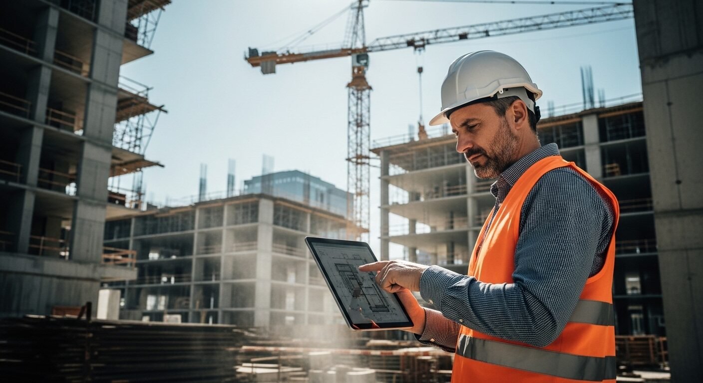 Quản lý dự án xây dựng, một công việc lương cao, đang kiểm tra bản vẽ trên máy tính bảng tại công trường đô thị với cần cẩu và cấu trúc dang dở. Quản lý dự án xây dựng, một công việc lương cao, đang kiểm tra bản vẽ trên máy tính bảng tại công trường đô thị với cần cẩu và cấu trúc dang dở.