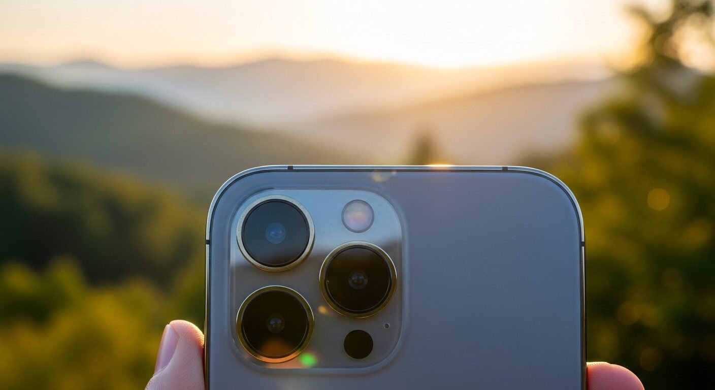 Cận cảnh cụm camera của điện thoại iPhone hiện đại, với hậu cảnh phong cảnh thiên nhiên rực rỡ, mờ ảo, gợi ý khoảnh khắc đang được ghi lại.