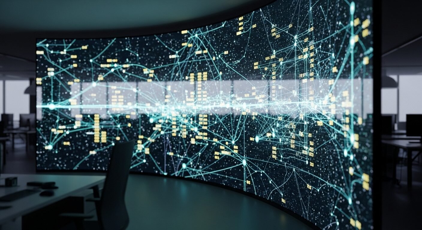 Trực quan hóa dữ liệu phức tạp trên màn hình lớn, hiển thị phân tích sâu về mất cân đối cơ cấu ngành nghề đào tạo trong môi trường văn phòng hiện đại. Trực quan hóa dữ liệu phức tạp trên màn hình lớn, hiển thị phân tích sâu về mất cân đối cơ cấu ngành nghề đào tạo trong môi trường văn phòng hiện đại.