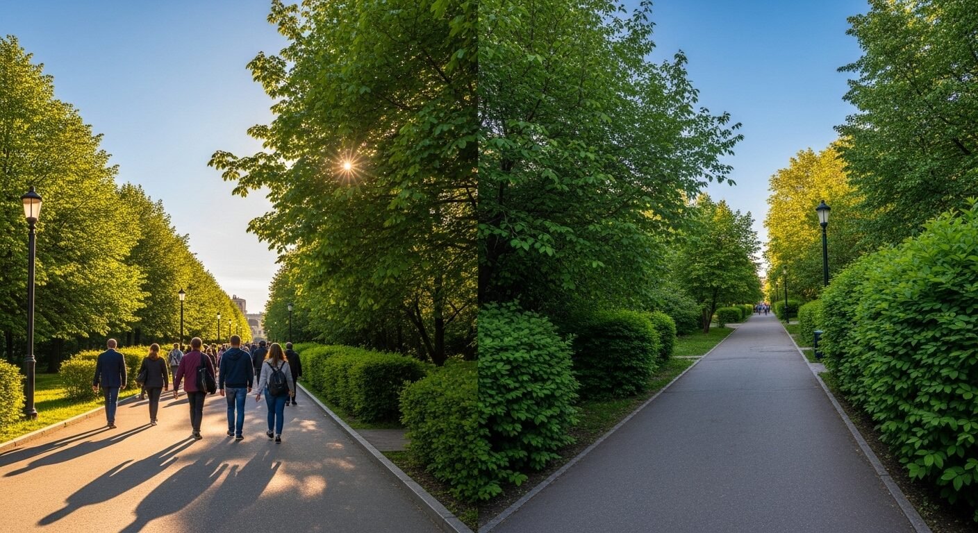 Hai lối đi trong công viên, một tấp nập người qua lại, một vắng vẻ, thể hiện rõ sự mất cân đối ngành nghề trong xã hội hiện đại.