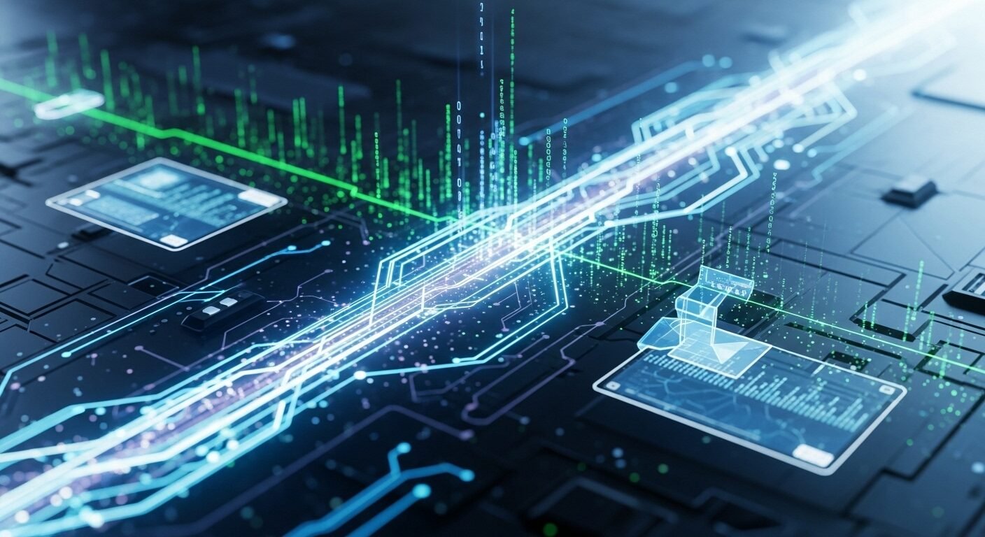 Dòng dữ liệu số phát sáng trên mạng lưới mạch điện tử phức tạp, biểu tượng công nghệ tiên tiến - nền tảng cho các ngành nghề hot tương lai.