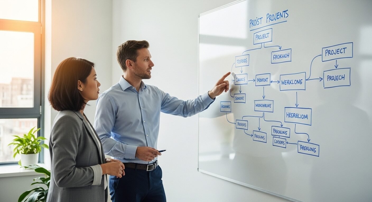 Hai chuyên gia trong văn phòng hiện đại đang thảo luận và phân tích sơ đồ quy trình chi tiết trên bảng trắng, tạo bầu không khí làm việc hợp tác.