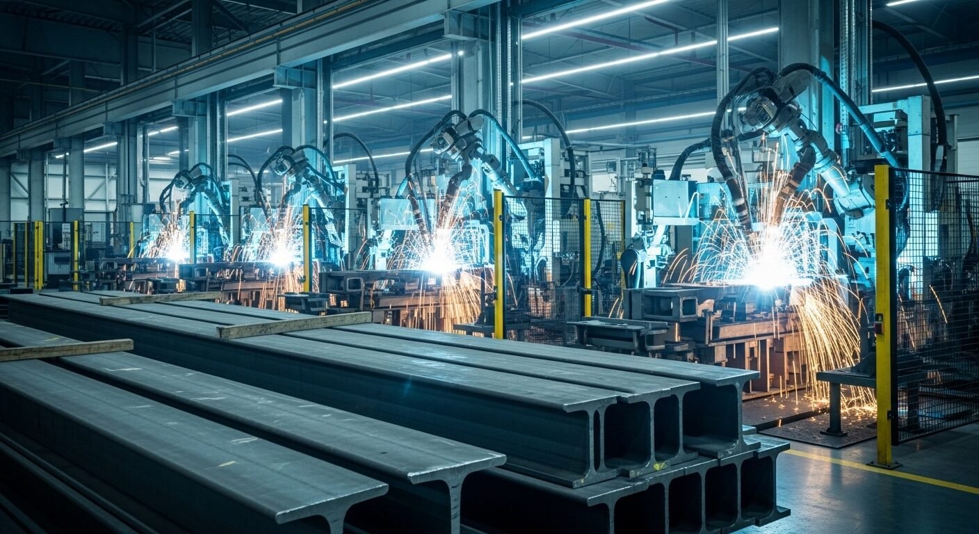 Bên trong nhà máy gia công kim loại công nghệ cao, cánh tay robot đang hàn chính xác các chi tiết cùng dầm thép sáng bóng. Hình ảnh thể hiện sự hiện đại, hiệu quả trong sản xuất, một phần trong các ngành nghề kinh doanh Vingroup liên quan đến công nghiệp và công nghệ.