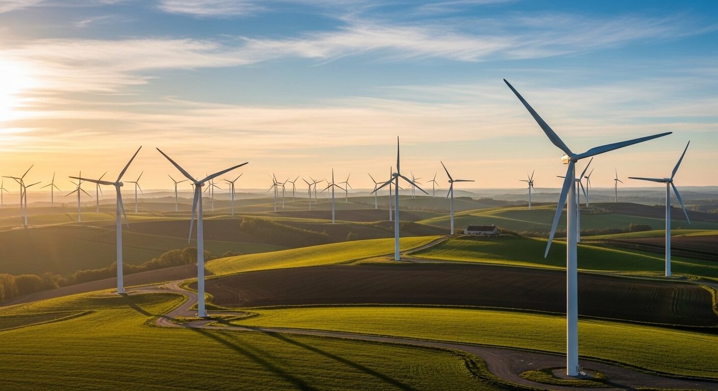 Tuabin gió hiện đại trên phong cảnh rộng lớn, dưới ánh nắng giờ vàng, biểu tượng cho năng lượng bền vững và tiềm năng cho các nghề nghiệp hot 2026 trong lĩnh vực này.