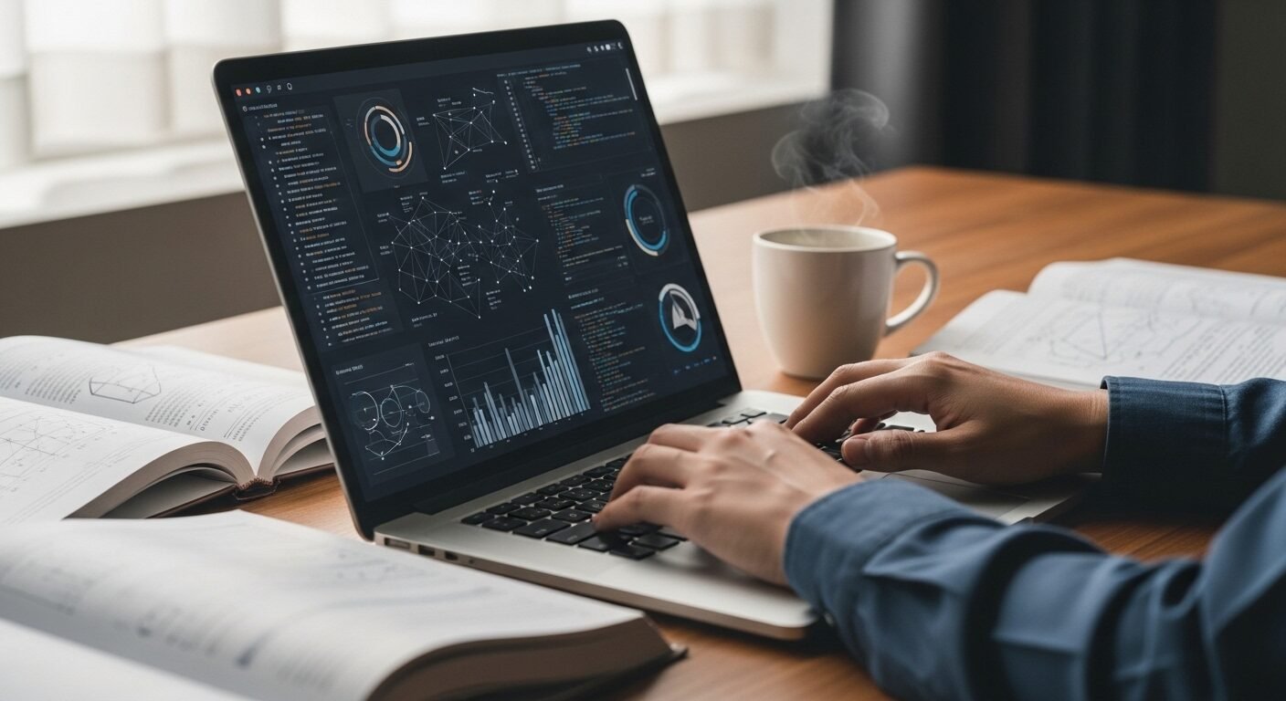 Đôi tay tập trung gõ code và phân tích dữ liệu trên laptop, cùng sách kỹ thuật trên bàn làm việc hiện đại. Đây là minh chứng cho việc đầu tư vào các kỹ năng công nghệ để không rơi vào ngành học có nguy cơ thất nghiệp. Đôi tay tập trung gõ code và phân tích dữ liệu trên laptop, cùng sách kỹ thuật trên bàn làm việc hiện đại. Đây là minh chứng cho việc đầu tư vào các kỹ năng công nghệ để không rơi vào ngành học có nguy cơ thất nghiệp.