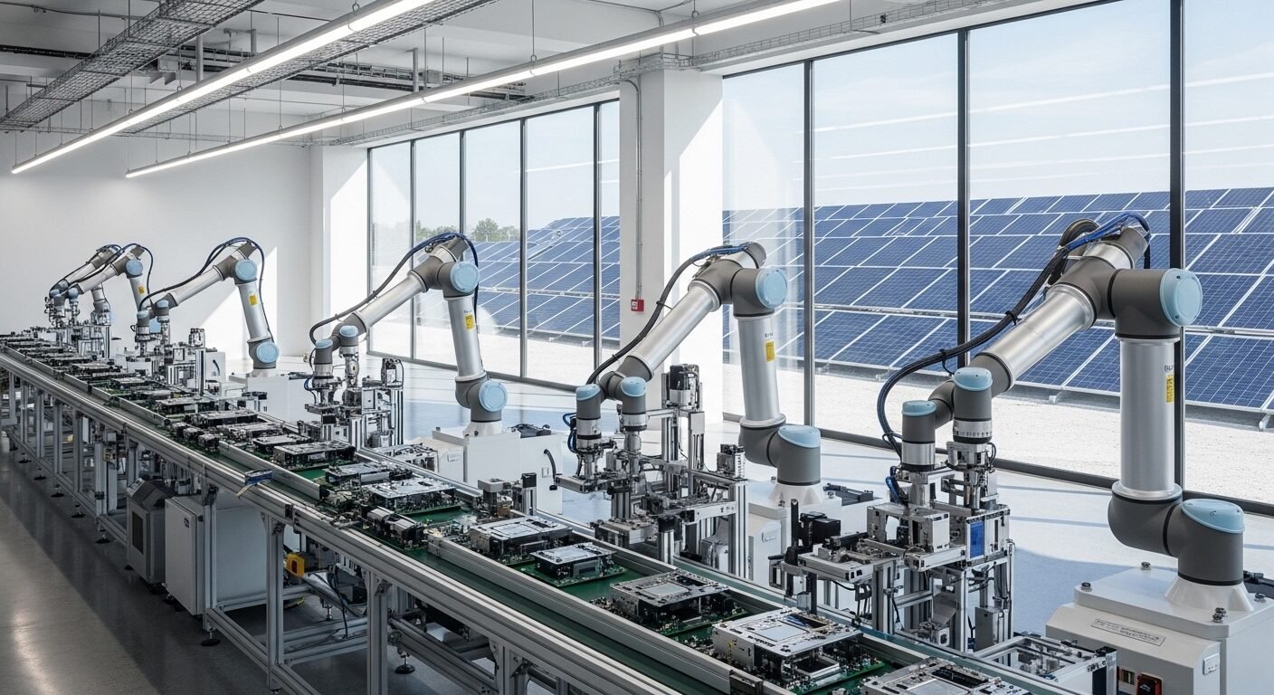 Cánh tay robot tự động lắp ráp linh kiện chính xác tại nhà máy sản xuất công nghệ cao, tích hợp năng lượng mặt trời, minh họa cho các ngành nghề hot 2026. Cánh tay robot tự động lắp ráp linh kiện chính xác tại nhà máy sản xuất công nghệ cao, tích hợp năng lượng mặt trời, minh họa cho các ngành nghề hot 2026.