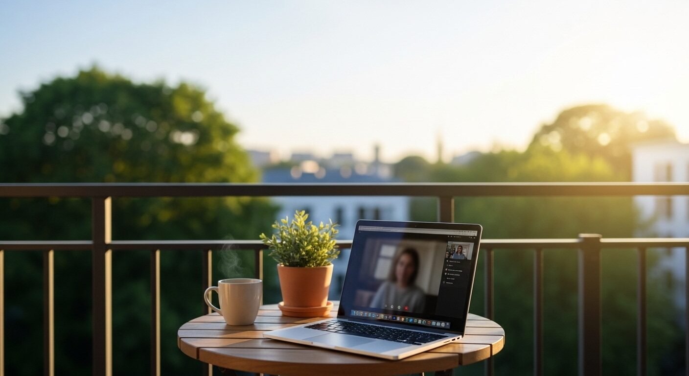 Ban công yên bình với laptop mở cho cuộc gọi video, khung cảnh lý tưởng cho việc làm tại nhà giữa cây xanh và thành phố.