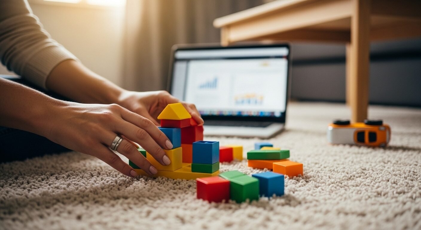 Bàn tay nhẹ nhàng chơi khối xếp hình trẻ em đầy màu sắc trên thảm mềm trong phòng khách ấm cúng, với laptop mở hiển thị tài liệu chuyên nghiệp ở hậu cảnh, tượng trưng cho sự cân bằng khi thực hiện công việc online tại nhà và cuộc sống gia đình.