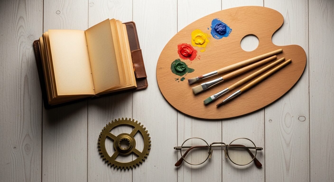 Hình ảnh sắp đặt phẳng sách, bảng màu, bánh răng và kính mắt trên nền gỗ sáng. Biểu tượng cho hành trình khám phá và định hướng các con đường hướng nghiệp đa dạng.