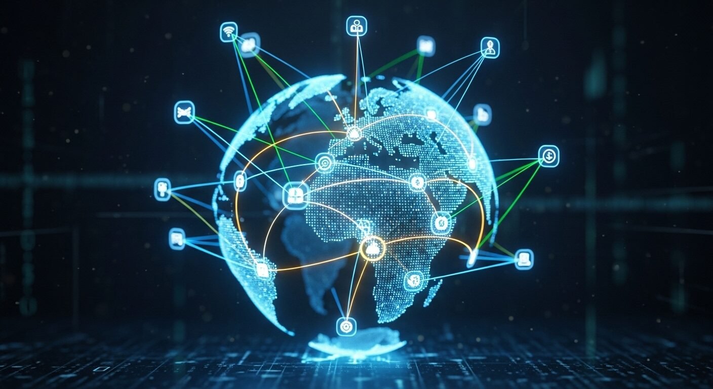 Hình chiếu ba chiều sống động về mạng lưới cơ hội việc làm toàn cầu, thể hiện sức mạnh kết nối của một trang tìm việc uy tín giúp ứng viên tiếp cận đa dạng ngành nghề và lộ trình sự nghiệp.