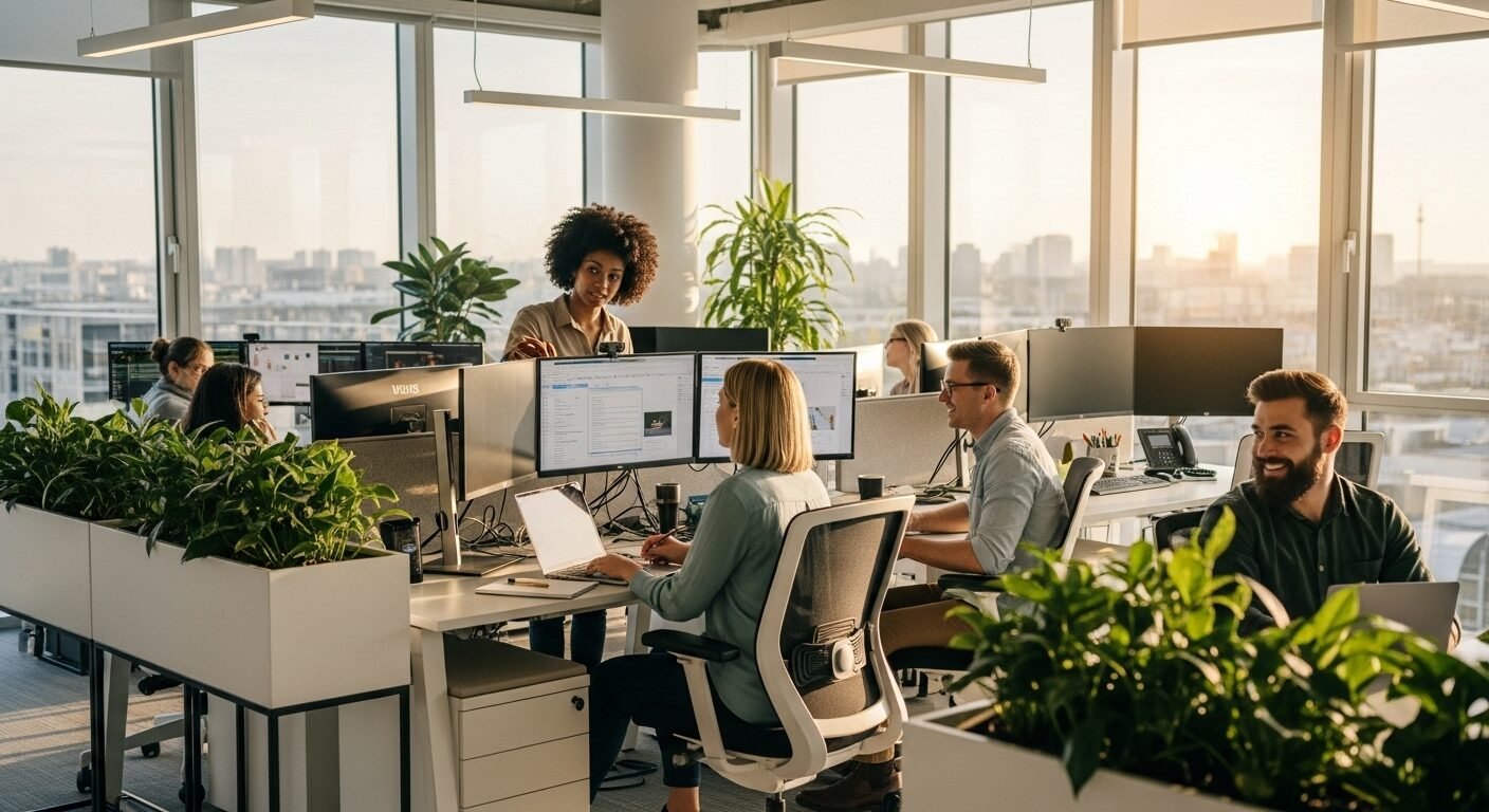 Văn phòng hiện đại, tràn ngập ánh sáng tự nhiên, với cây xanh và nhân viên làm việc hợp tác, thể hiện một môi trường lý tưởng cho sự ổn định trong công việc. Văn phòng hiện đại, tràn ngập ánh sáng tự nhiên, với cây xanh và nhân viên làm việc hợp tác, thể hiện một môi trường lý tưởng cho sự ổn định trong công việc.