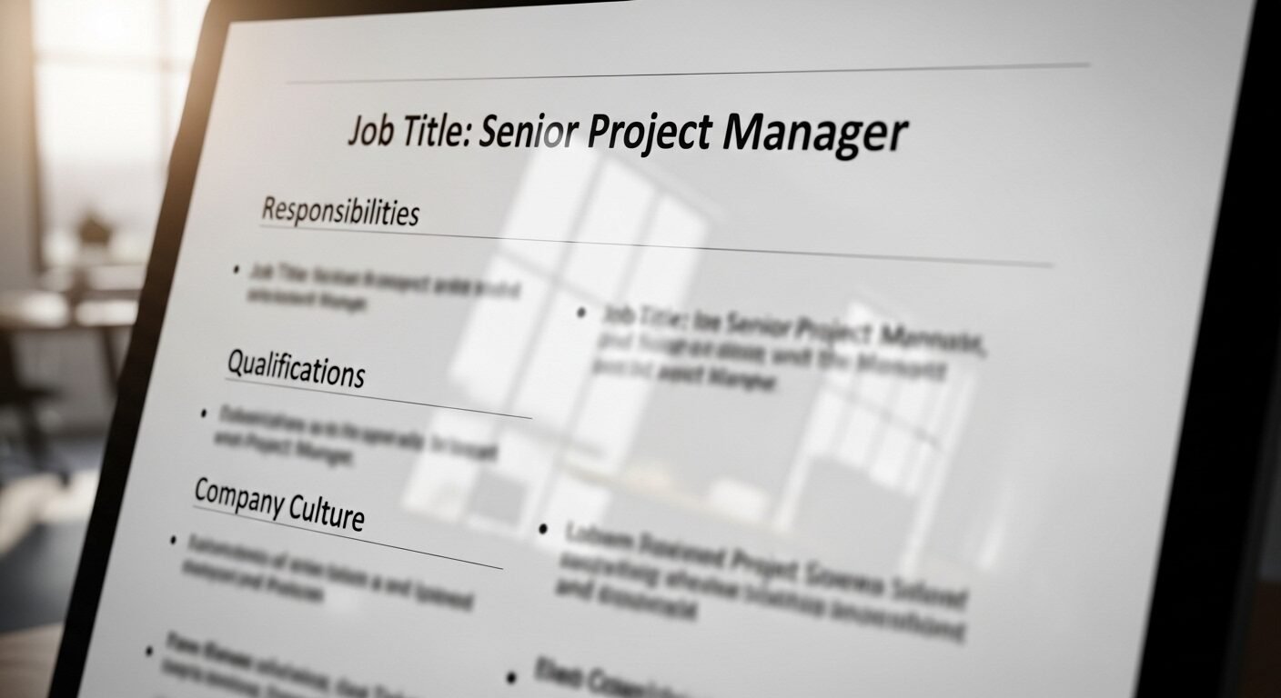 Mô tả công việc bị làm mờ trên màn hình máy tính trong văn phòng, gợi ý vấn đề có thể khiến ứng viên từ chối offer. Mô tả công việc bị làm mờ trên màn hình máy tính trong văn phòng, gợi ý vấn đề có thể khiến ứng viên từ chối offer.