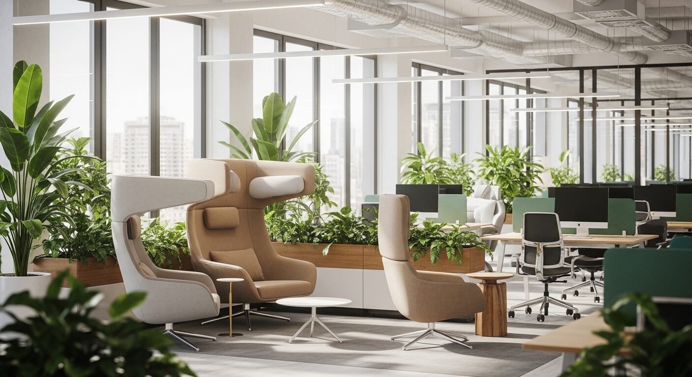 Văn phòng mở hiện đại, sáng sủa, tràn ngập cây xanh và ánh sáng tự nhiên, với ghế công thái học. Môi trường làm việc lý tưởng này là ví dụ về giá trị phi tài chính khi đàm phán lương.