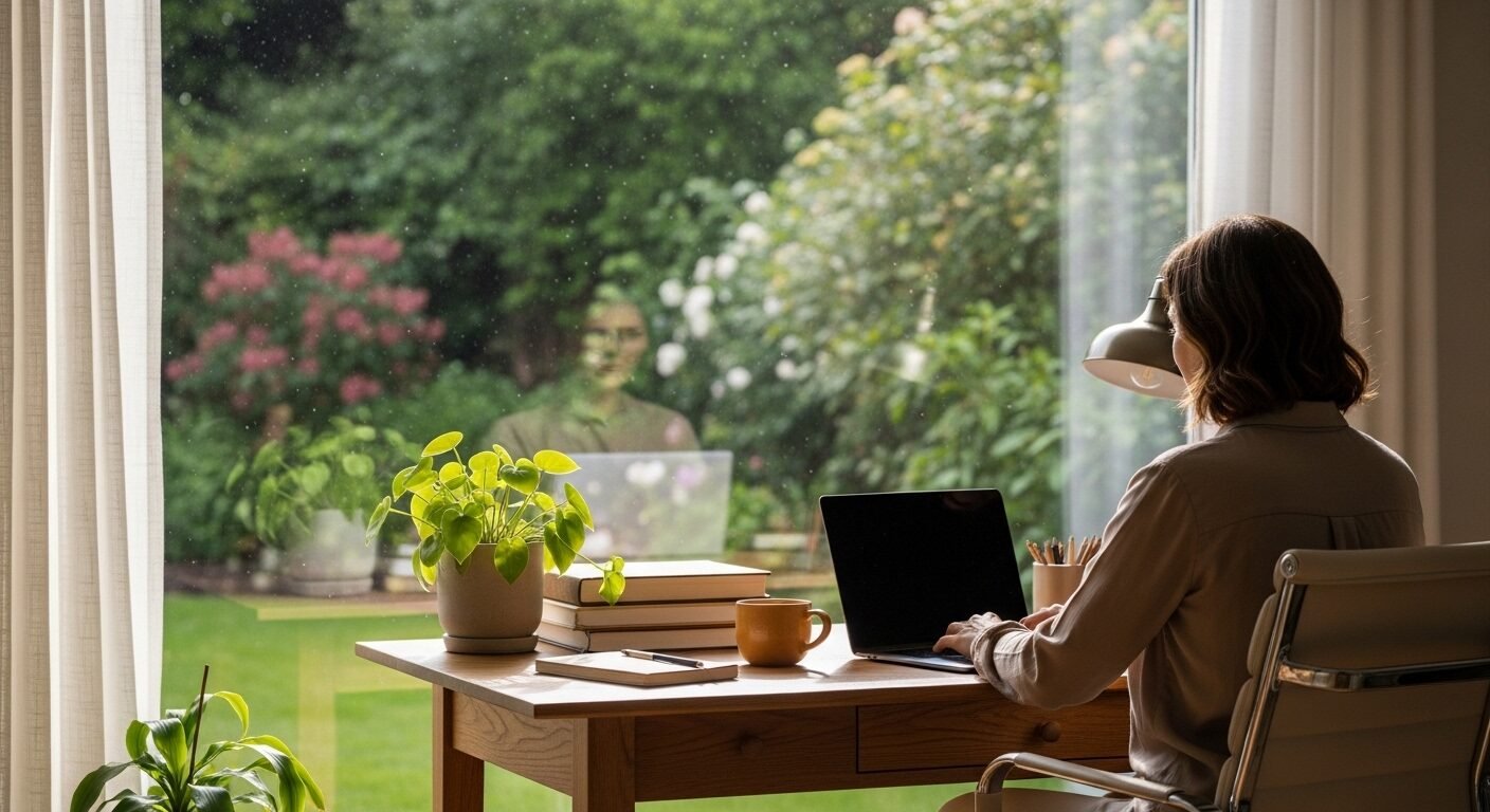 Văn phòng tại gia thanh bình với người làm việc cạnh cửa sổ vườn xanh, tạo môi trường lý tưởng hỗ trợ chiến lược giữ chân nhân tài.