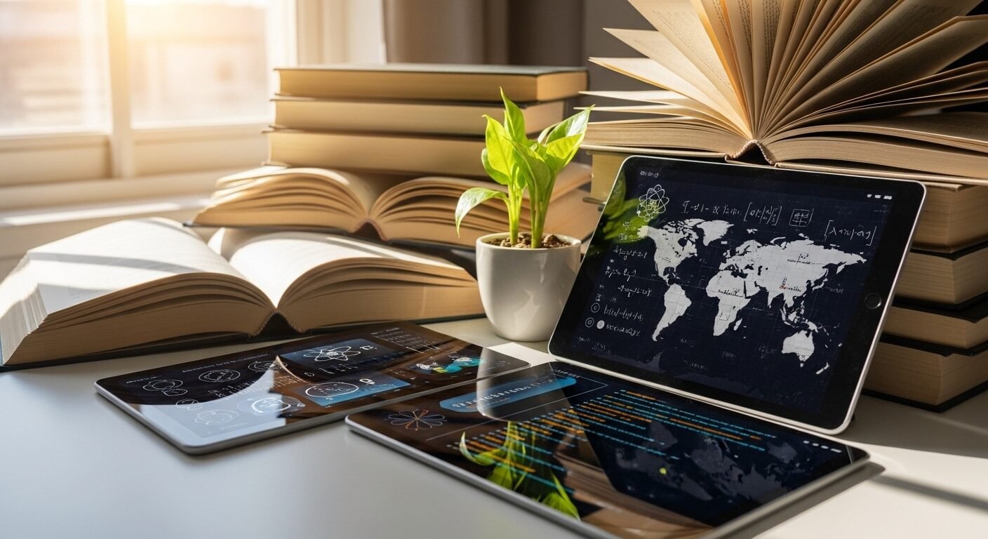 Bàn làm việc tràn nắng với sách mở, máy tính bảng và cây non đang nảy mầm, tượng trưng cho quá trình học hỏi liên tục và thích nghi để phát triển các kỹ năng con người thiết yếu.