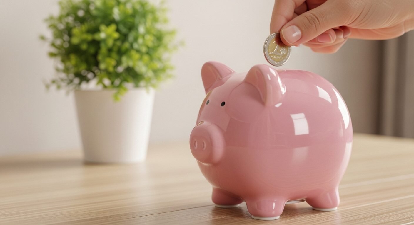 Cận cảnh heo đất trên bàn gỗ, tay bỏ đồng xu, cùng mầm cây xanh biểu tượng tăng trưởng. Hình ảnh minh họa việc quản lý tài chính cá nhân cho học sinh THPT để tiết kiệm và phát triển tương lai. Cận cảnh heo đất trên bàn gỗ, tay bỏ đồng xu, cùng mầm cây xanh biểu tượng tăng trưởng. Hình ảnh minh họa việc quản lý tài chính cá nhân cho học sinh THPT để tiết kiệm và phát triển tương lai.