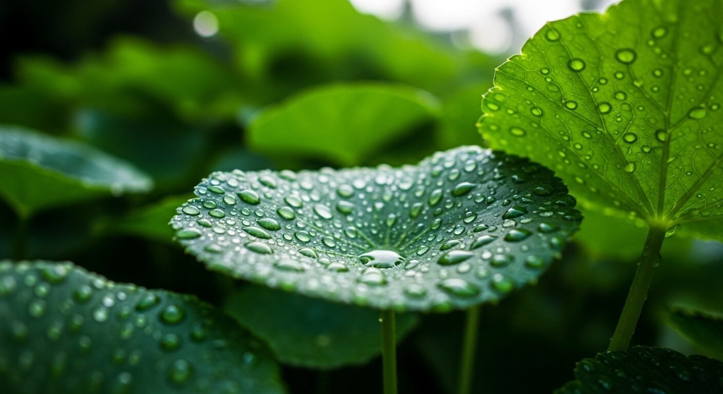 Cận cảnh lá rau má xanh mướt đọng sương, minh họa hoàn hảo cho các thành phần tự nhiên tạo nên dược mỹ phẩm là gì.