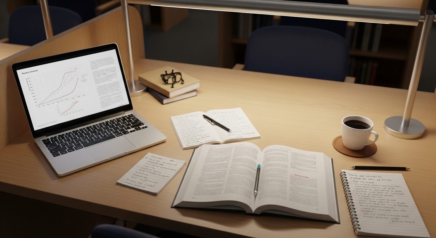 Bàn học yên tĩnh trong thư viện đại học với sách giáo trình mở, ghi chú và laptop, không gian lý tưởng để học tập và tìm hiểu các khái niệm như dự thính là gì.