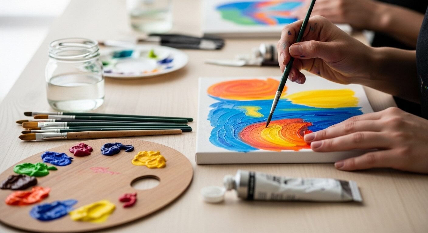 Cận cảnh bàn tay tỉ mỉ vẽ tranh sống động trong buổi workshop nghệ thuật, một hoạt động ngoại khóa. Dụng cụ vẽ, cọ và màu sắc rực rỡ trên bàn gỗ. Cận cảnh bàn tay tỉ mỉ vẽ tranh sống động trong buổi workshop nghệ thuật, một hoạt động ngoại khóa. Dụng cụ vẽ, cọ và màu sắc rực rỡ trên bàn gỗ.