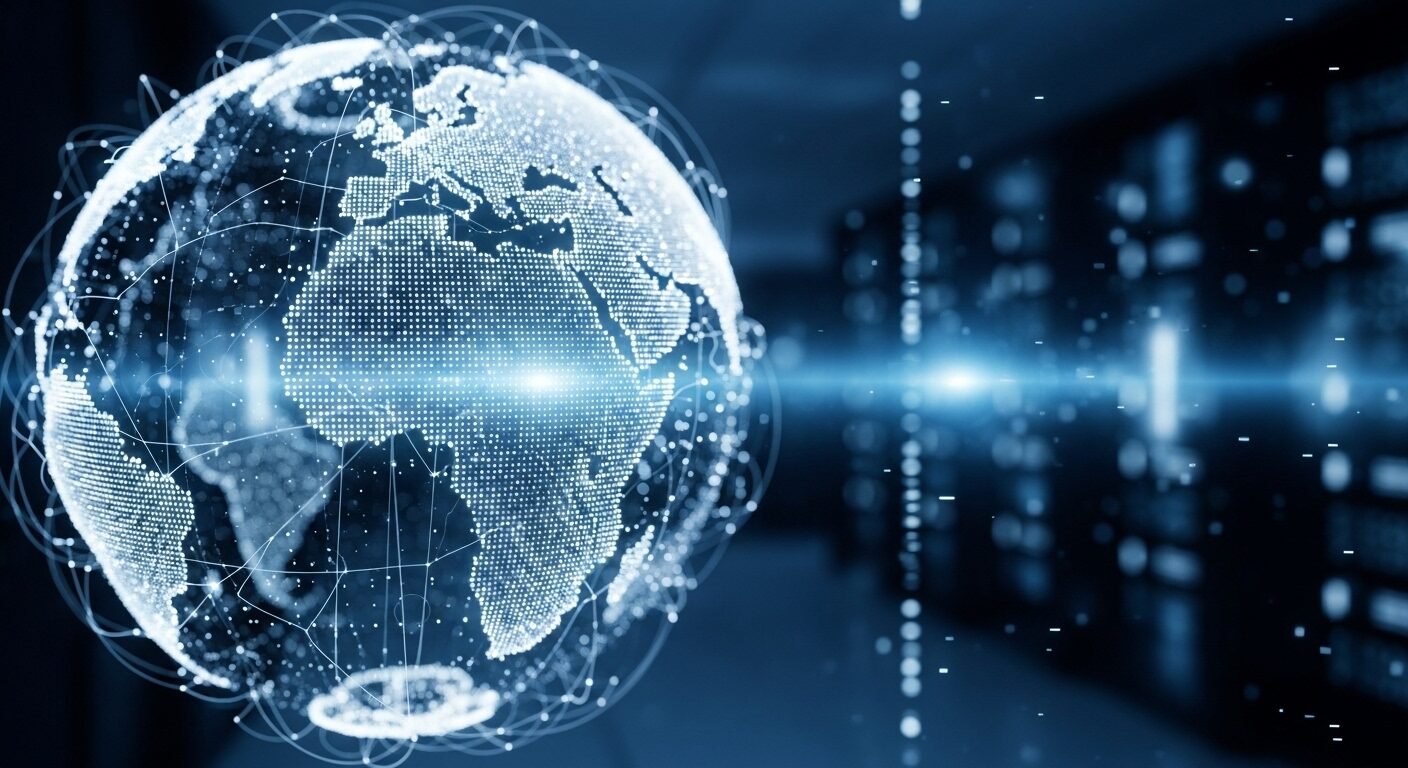 Địa cầu kỹ thuật số phát sáng trong trung tâm dữ liệu công nghệ cao, minh họa thế giới kết nối nơi kỹ năng mềm xin việc là yếu tố then chốt để thành công.