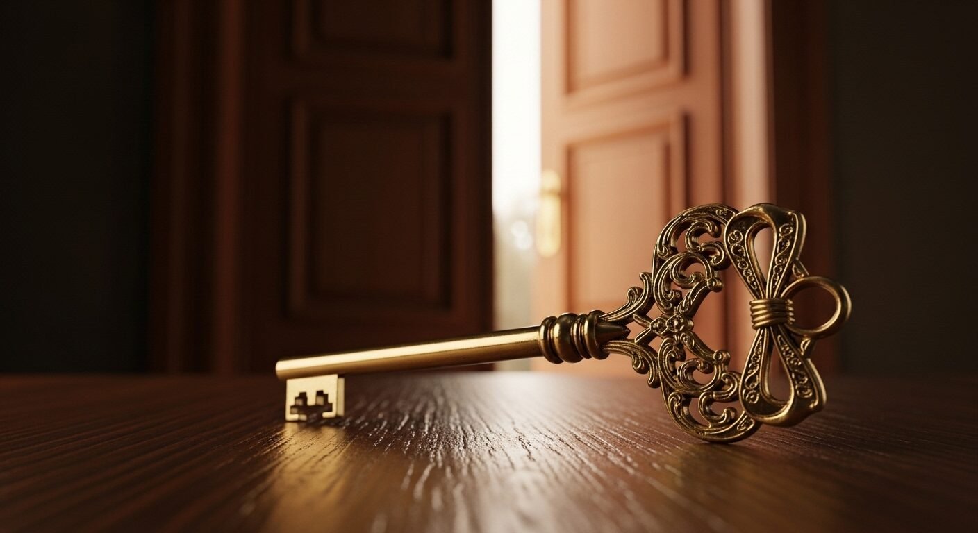 Chìa khóa đồng tinh xảo trên gỗ tối, cánh cửa hé mở mời gọi với ánh sáng ấm áp. Một lời nhắc nhở rằng hiểu rõ những điều cần tránh khi viết CV chính là chìa khóa mở cánh cửa cơ hội.