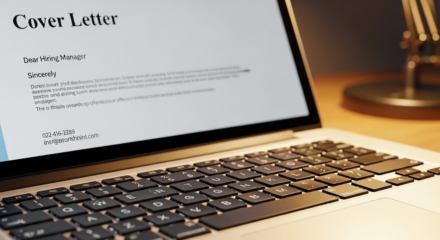 Cận cảnh bàn phím laptop và màn hình hiển thị mẫu cover letter dưới ánh sáng ấm áp. Bức ảnh này minh họa trực quan một ví dụ về cover letter là gì và cách nó được trình bày.