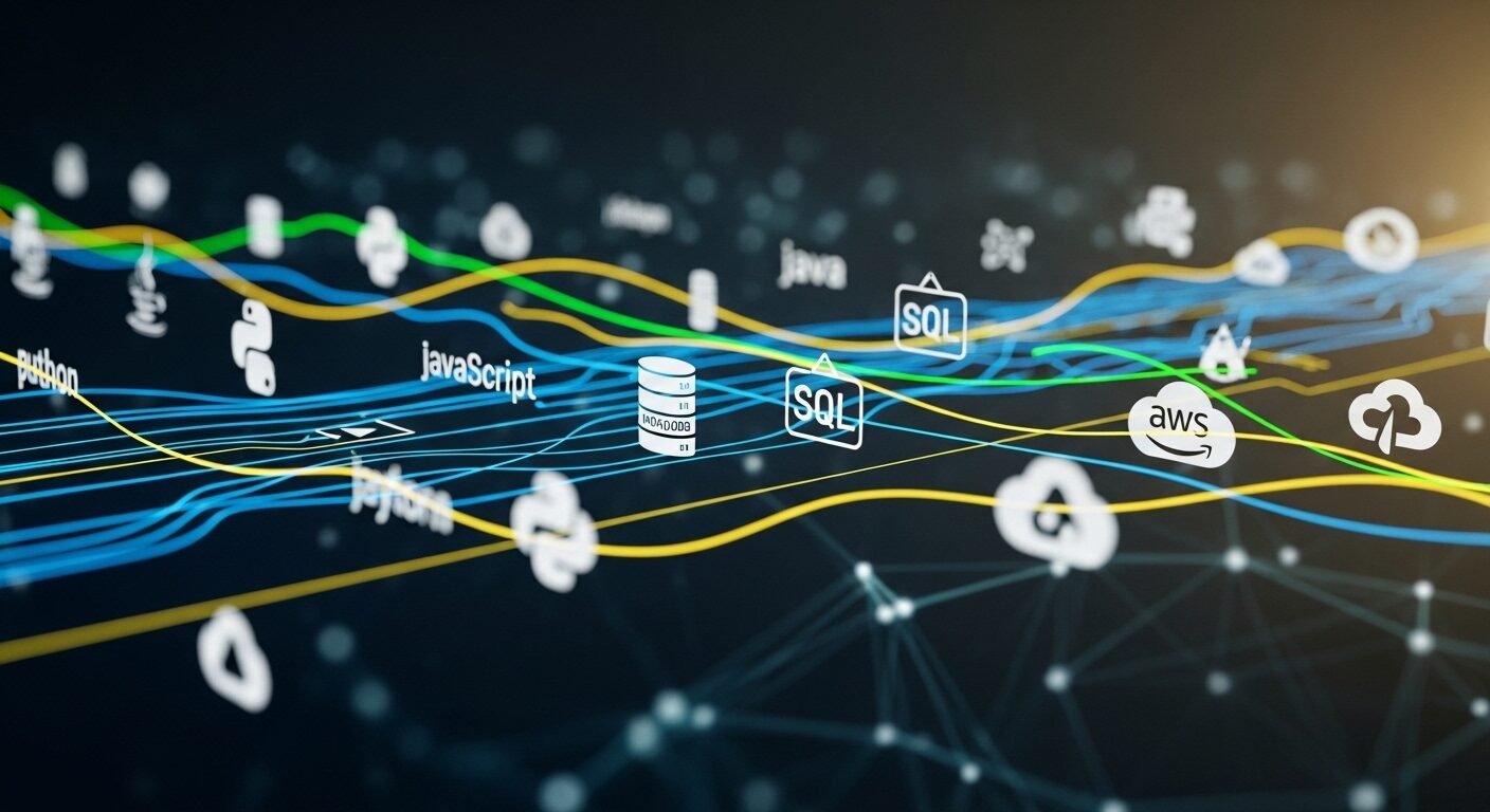 Ảnh động kỹ thuật số minh họa các kỹ năng IT đa dạng (lập trình, cơ sở dữ liệu, điện toán đám mây), là yếu tố then chốt khi tìm hiểu cách tạo CV xin việc IT chuyên nghiệp và gây ấn tượng.