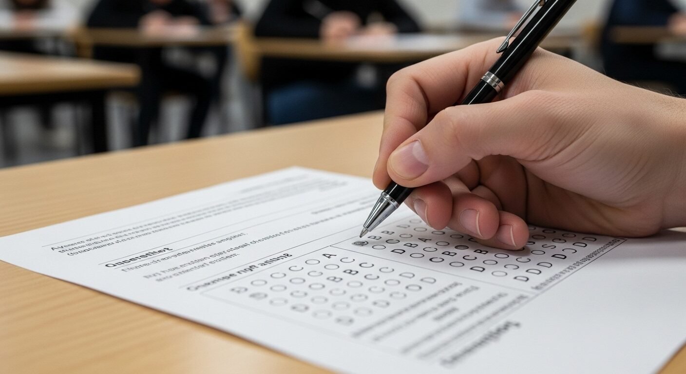 Cận cảnh tay cầm bút làm bài thi trắc nghiệm trong kỳ thi tuyển sinh đại học.