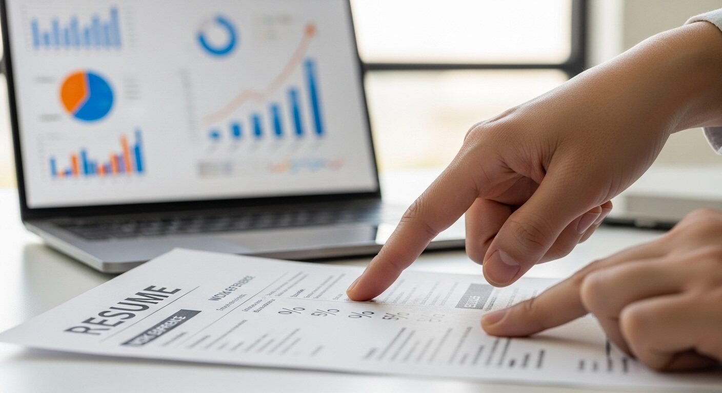 Bàn tay chỉ vào các con số và tỷ lệ phần trăm trên CV, nhấn mạnh cách viết kinh nghiệm làm việc trong CV bằng kết quả định lượng.