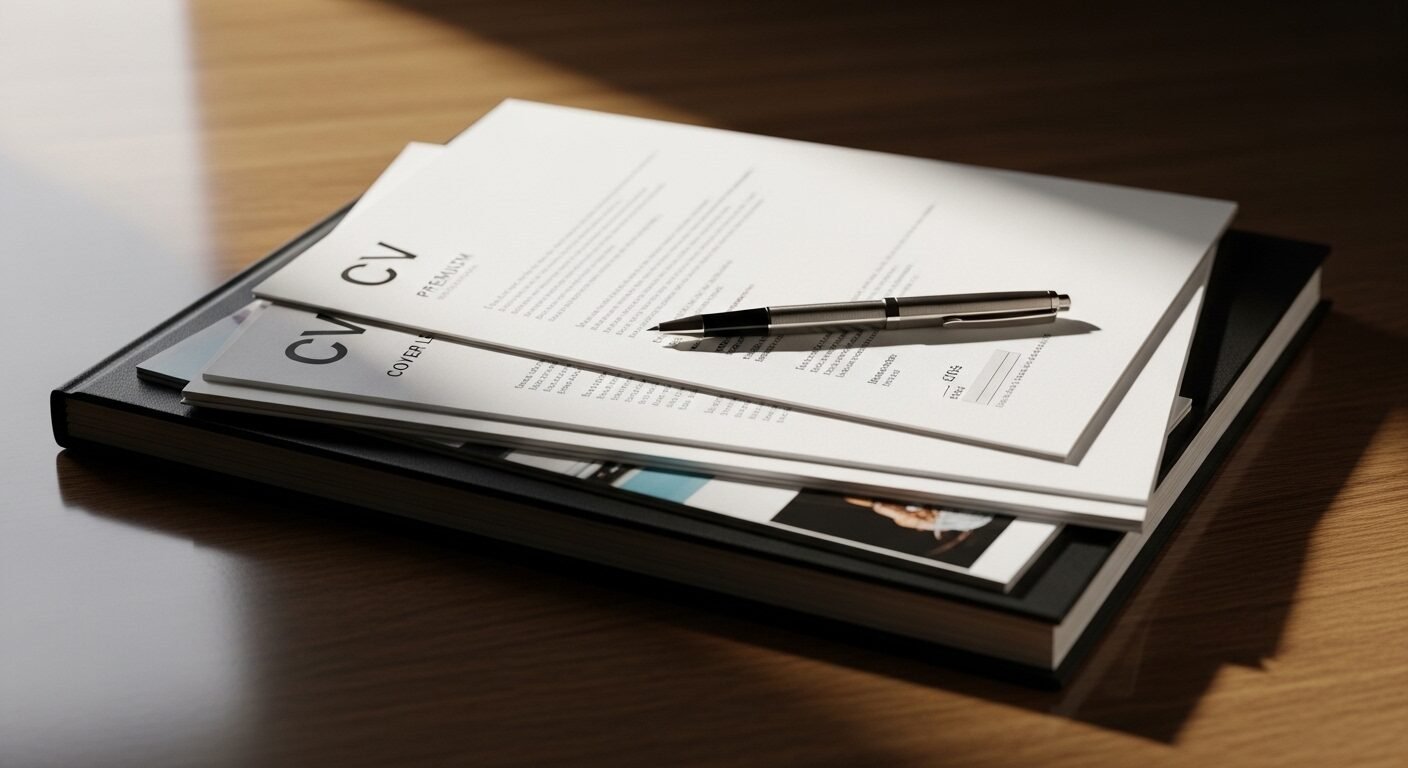 Bộ hồ sơ xin việc chuyên nghiệp gồm CV, thư xin việc, và portfolio được sắp xếp gọn gàng trên bàn gỗ, sẵn sàng cho bạn khi tìm hiểu cách gửi email xin việc hiệu quả. Bộ hồ sơ xin việc chuyên nghiệp gồm CV, thư xin việc, và portfolio được sắp xếp gọn gàng trên bàn gỗ, sẵn sàng cho bạn khi tìm hiểu cách gửi email xin việc hiệu quả.