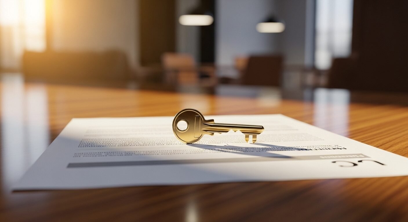 Chìa khóa vàng nhỏ đặt trên CV nhân viên kinh doanh chuyên nghiệp, tượng trưng cho cơ hội nghề nghiệp trên bàn làm việc hiện đại.