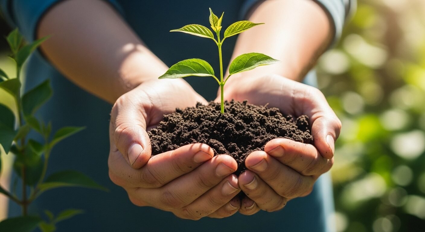 Hai bàn tay nhẹ nhàng nâng niu cây non xanh tươi trên đất màu mỡ dưới nắng ấm. Hình ảnh này tượng trưng cho sự nuôi dưỡng, hy vọng và sức sống, là biểu tượng mạnh mẽ trong việc đối phó với việc bị xã hội cô lập.