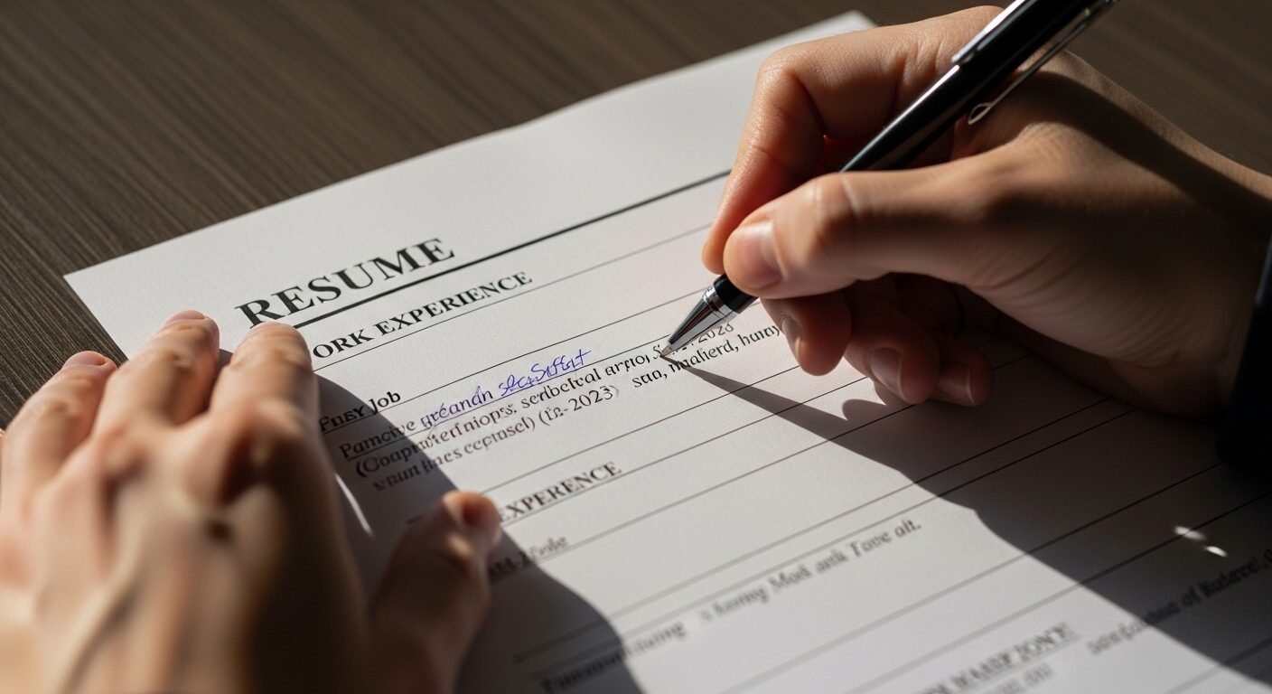 Cận cảnh bàn tay tỉ mỉ viết sơ yếu lý lịch trên bàn gỗ với chữ viết rõ ràng, minh họa cách viết sơ yếu lý lịch xin việc hiệu quả.