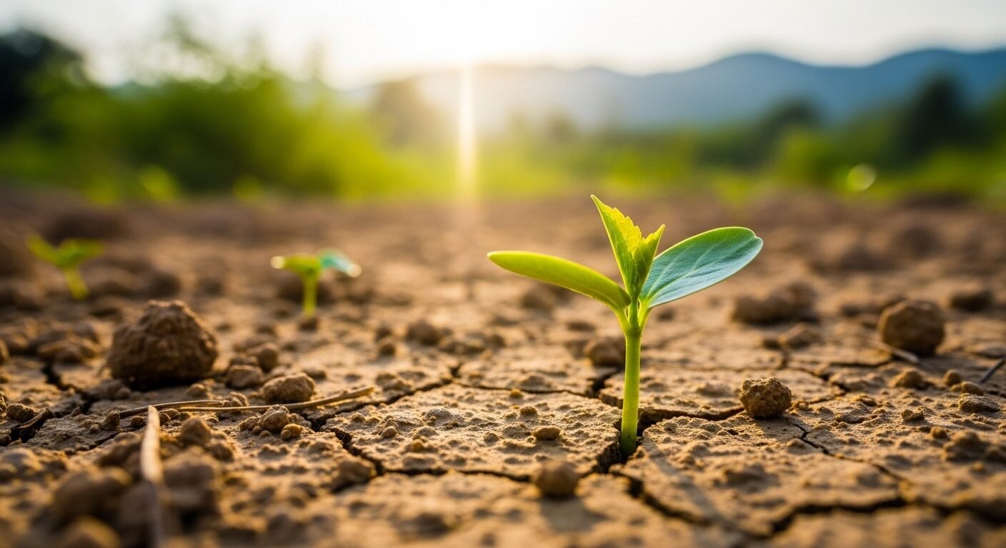 Mầm cây xanh nhỏ kiên cường đâm xuyên qua đất khô cằn, vươn mình đón nắng rạng rỡ. Bức ảnh tượng trưng cho tiềm năng phát triển và vượt qua mọi giới hạn, giúp ta suy ngẫm về sở đoản là gì và cách biến chúng thành sức mạnh.