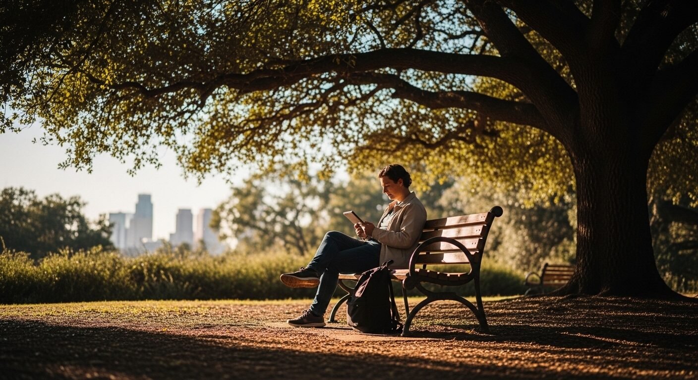 Người đang thư thái đọc tài liệu trên máy tính bảng ở công viên, tận dụng trang web tìm tài liệu học tập miễn phí. Ánh nắng len lỏi qua tán cây, với thành phố xa xăm, thể hiện việc học không giới hạn.