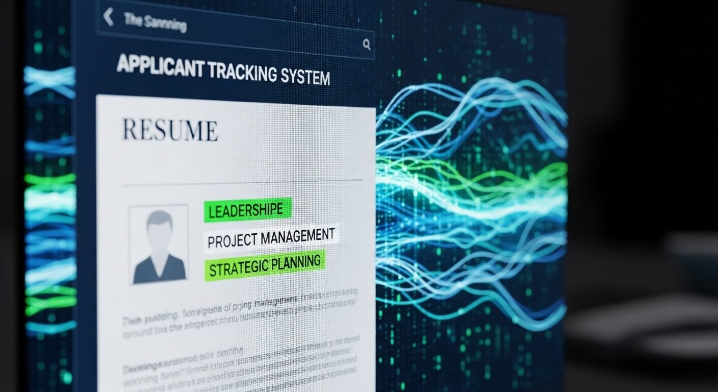 Màn hình hiển thị hồ sơ xin việc online đang được hệ thống theo dõi ứng viên (ATS) quét tự động, làm nổi bật các từ khóa chính. Màn hình hiển thị hồ sơ xin việc online đang được hệ thống theo dõi ứng viên (ATS) quét tự động, làm nổi bật các từ khóa chính.