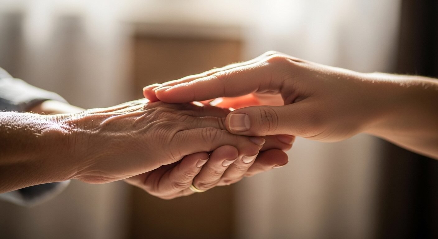 Cận cảnh bàn tay già và trẻ chạm nhẹ, một cách thể hiện sự đồng cảm và hỗ trợ tinh tế.