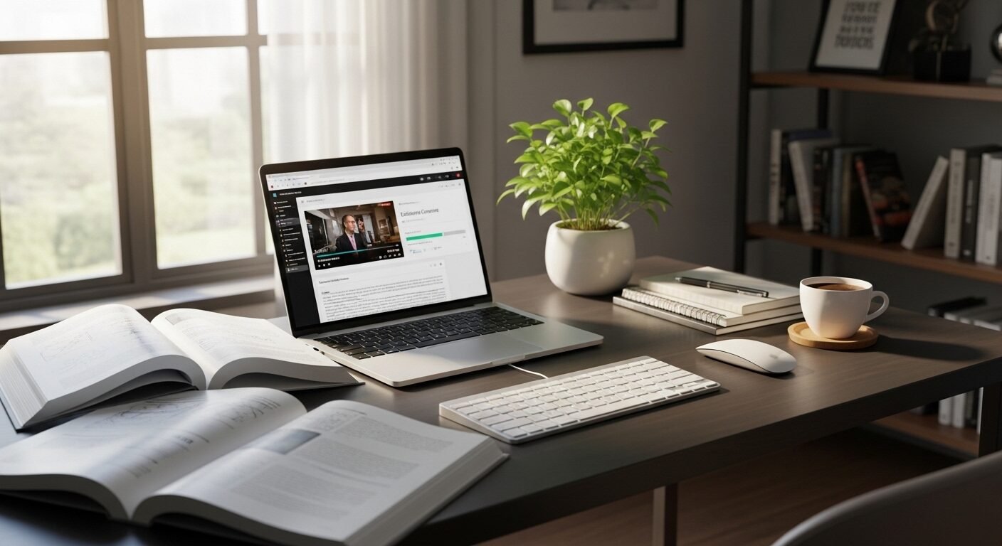 Bàn làm việc ngăn nắp với sách, laptop khóa học online và cây xanh, thể hiện sự tập trung tự học và phát triển bản thân hiệu quả để lấp đầy khoảng trống thất nghiệp.