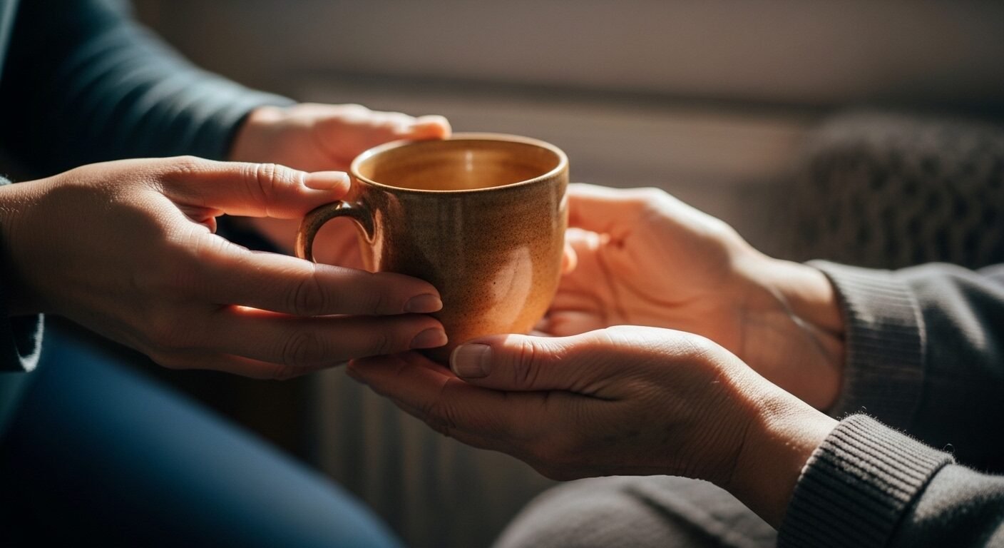 Cận cảnh bàn tay người trưởng thành nhẹ nhàng đặt tách sứ ấm vào tay người cao tuổi, minh họa một cách thể hiện sự đồng cảm và quan tâm ấm áp.