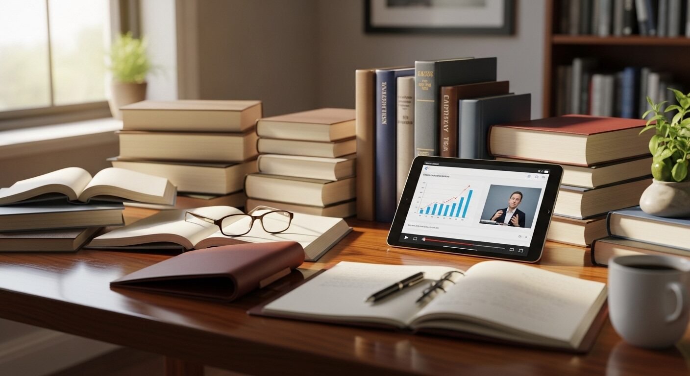 Bàn gỗ trưng bày tài liệu học tập đa dạng (sách, máy tính bảng, sổ ghi chú), minh họa phương pháp tự học hiệu quả.