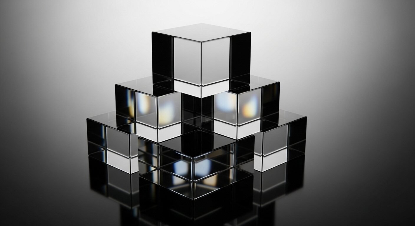 Các khối kính trong suốt xếp chồng tạo nền tảng vững chắc, thể hiện sự rõ ràng và ổn định của một công cụ chọn nghề hiệu quả.