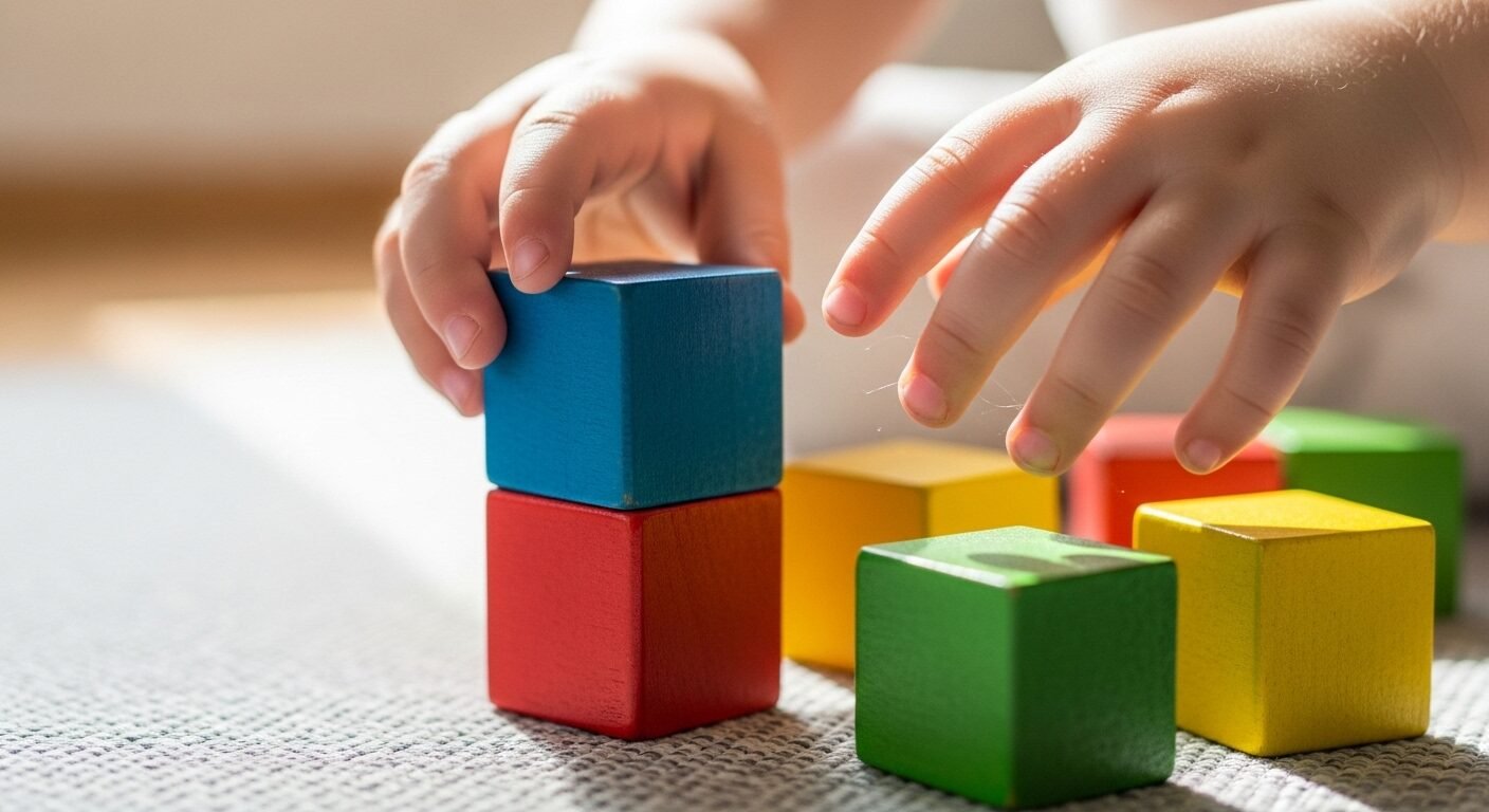 Bàn tay bé nhỏ cẩn thận xếp khối gỗ màu sắc trên thảm, phát triển tư duy sớm – bí quyết dạy con học giỏi ngay từ khi còn nhỏ.