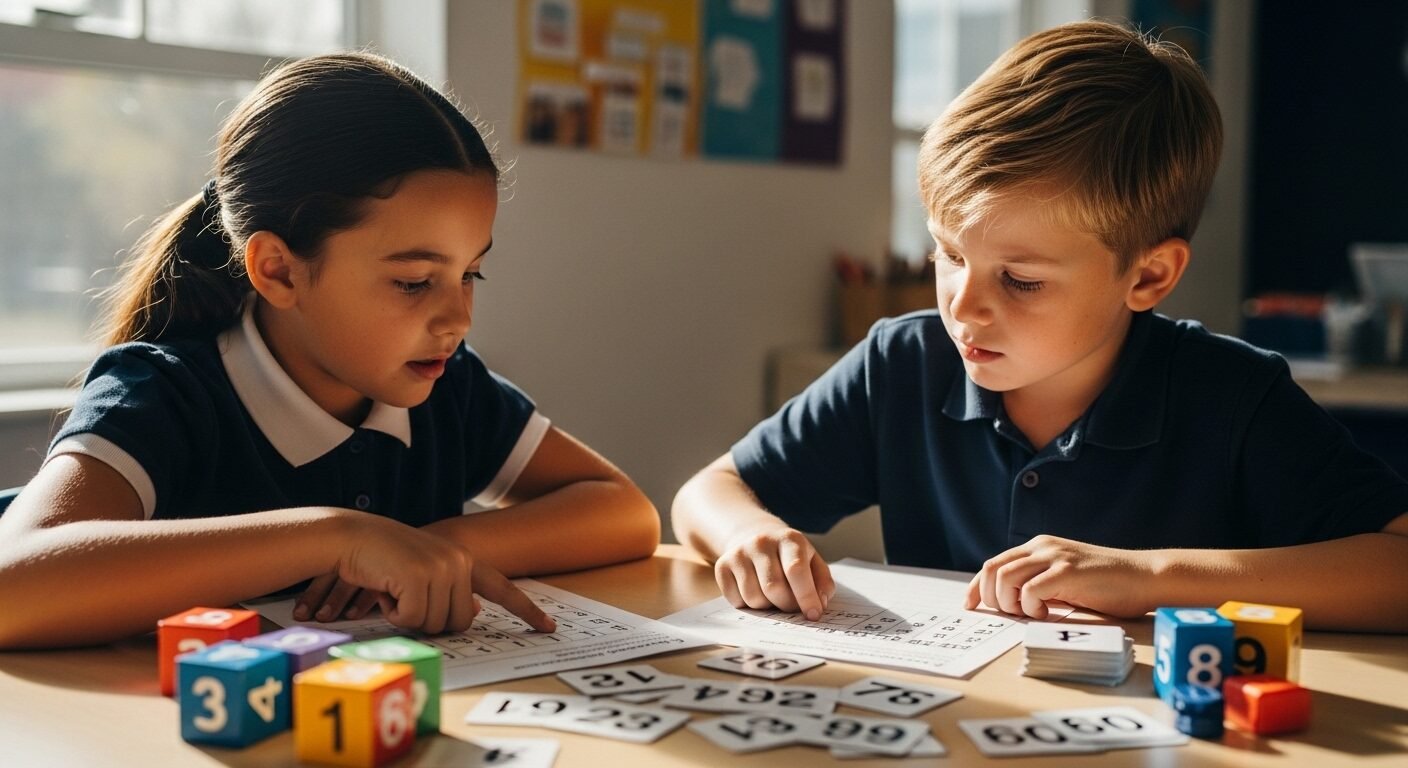 Hai học sinh tiểu học chăm chú học toán với khối học liệu và thẻ số trên bàn gỗ, minh họa cách dạy con học giỏi tiểu học qua phương pháp học tập tương tác.