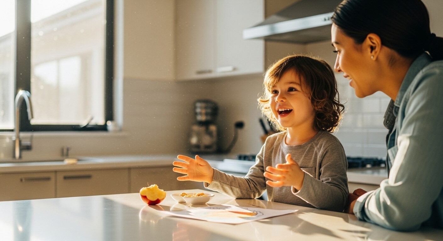 Cha mẹ chăm chú lắng nghe con hào hứng kể chuyện trong bếp ấm cúng. Sự quan tâm này là một cách giúp con học giỏi và phát triển toàn diện.