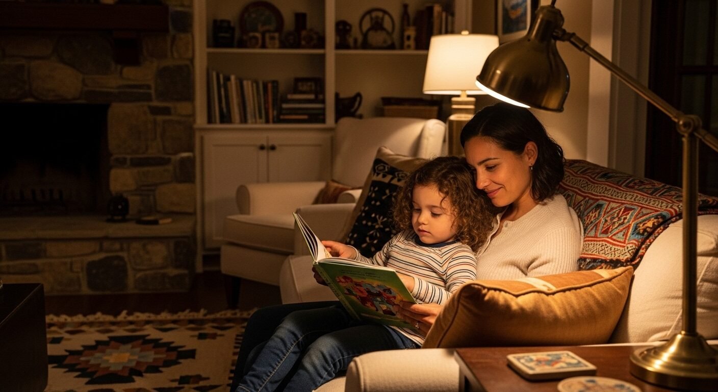 Cha mẹ và con ngồi thoải mái trên ghế sofa ấm cúng, tập trung đọc sách tranh dưới ánh đèn, một ví dụ về cách dạy con học giỏi qua việc đọc sách cùng nhau. Cha mẹ và con ngồi thoải mái trên ghế sofa ấm cúng, tập trung đọc sách tranh dưới ánh đèn, một ví dụ về cách dạy con học giỏi qua việc đọc sách cùng nhau.